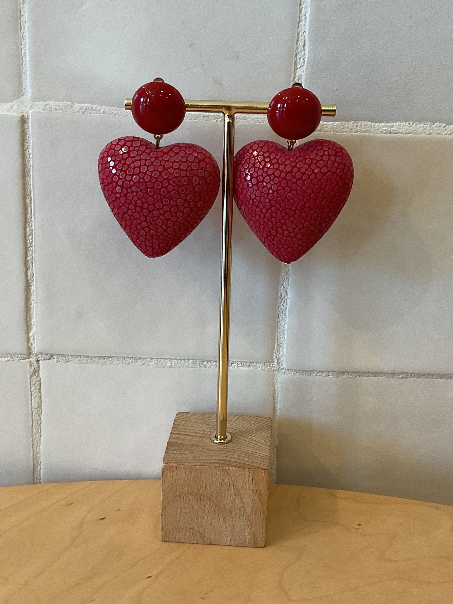 Heart XL Pierced Earrings Galuchat Leather Red