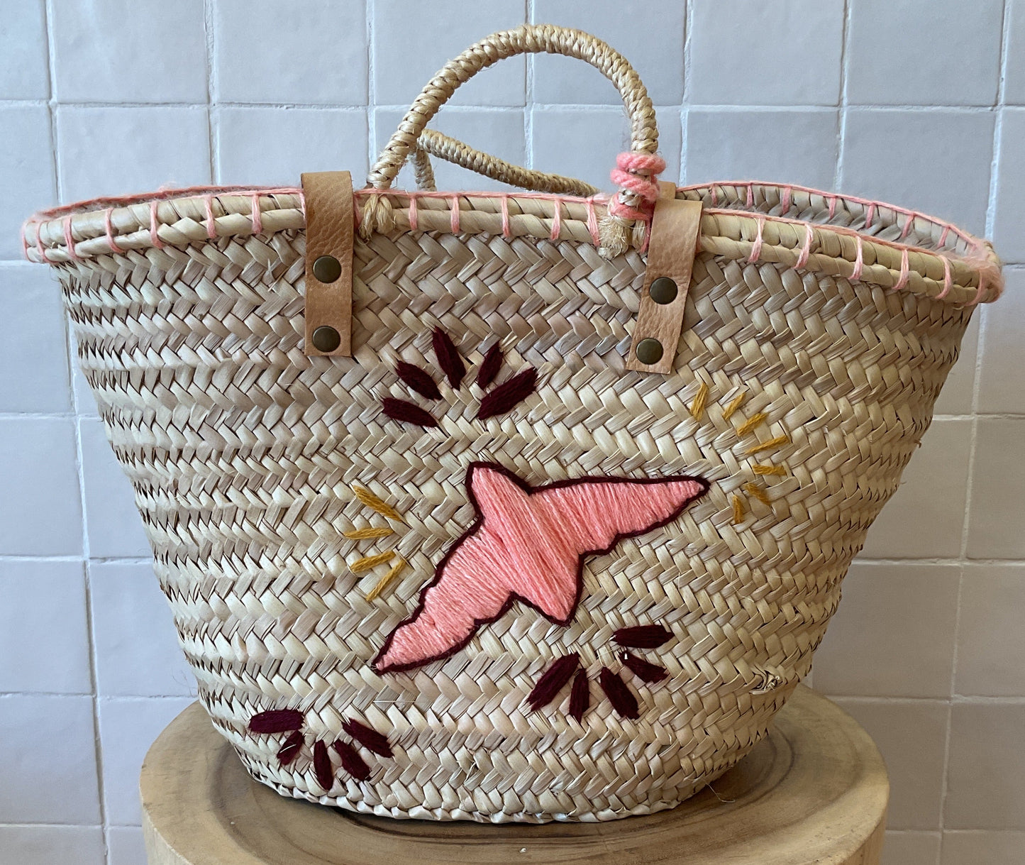 Moroccan Basket Bag Bird Coral