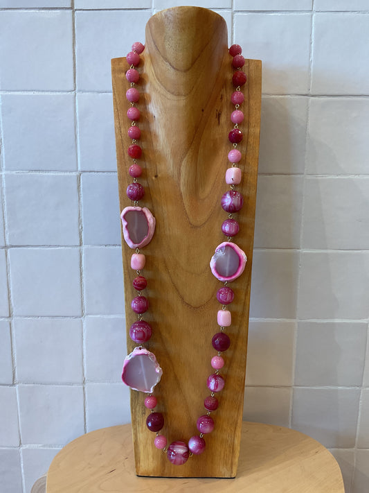 Agate Long Pink & Majorica Pearl Necklace - Francine Bramli