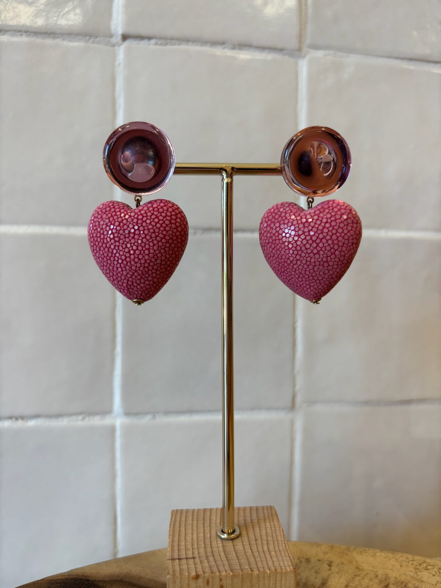Heart Earrings Galuchat Leather Pink