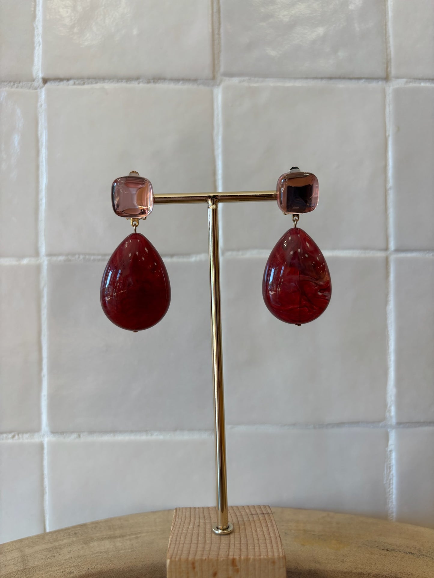 Cuba Earrings Raspberry burgundy marble & mirror