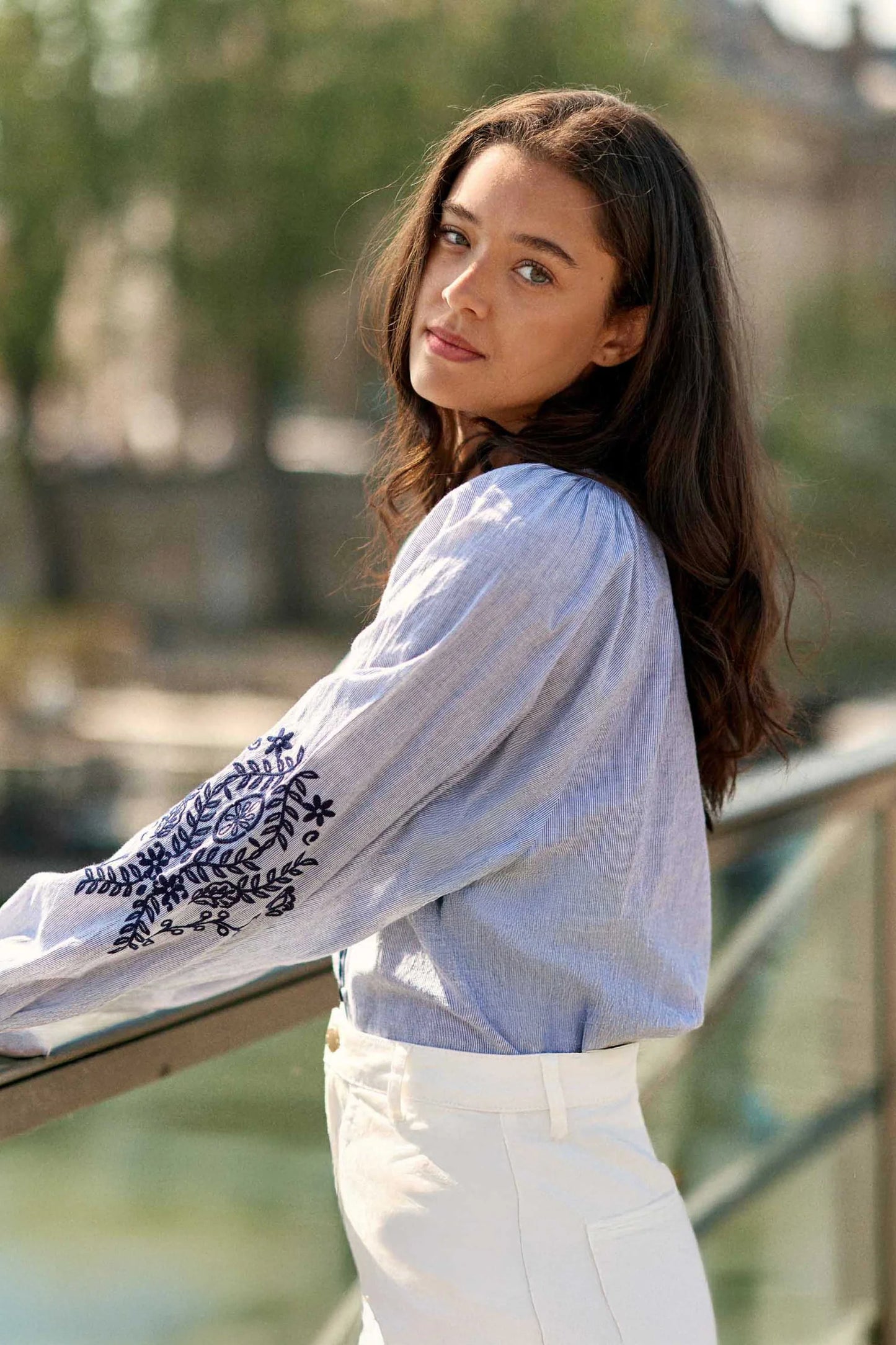 Blena Top English Embroidery Blue Stripes