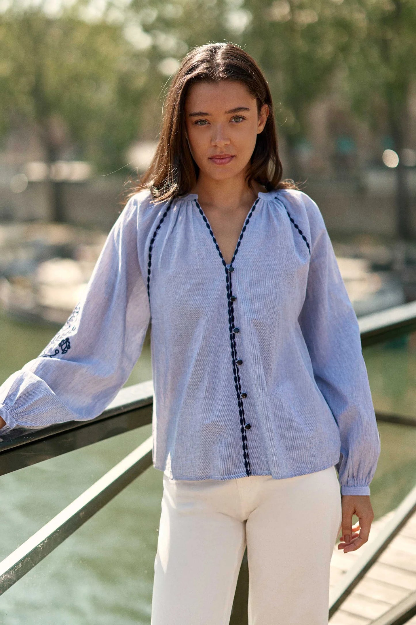 Blena Top English Embroidery Blue Stripes