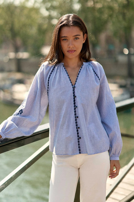 Blena Top English Embroidery Blue Stripes