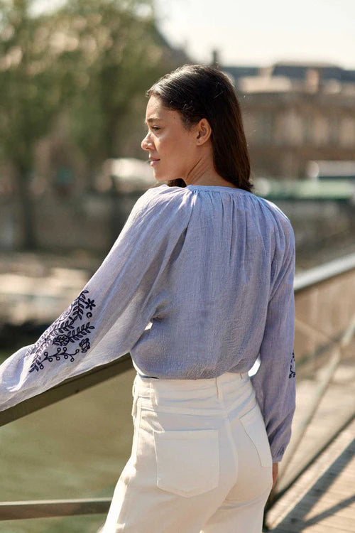 Blena Top English Embroidery Blue Stripes