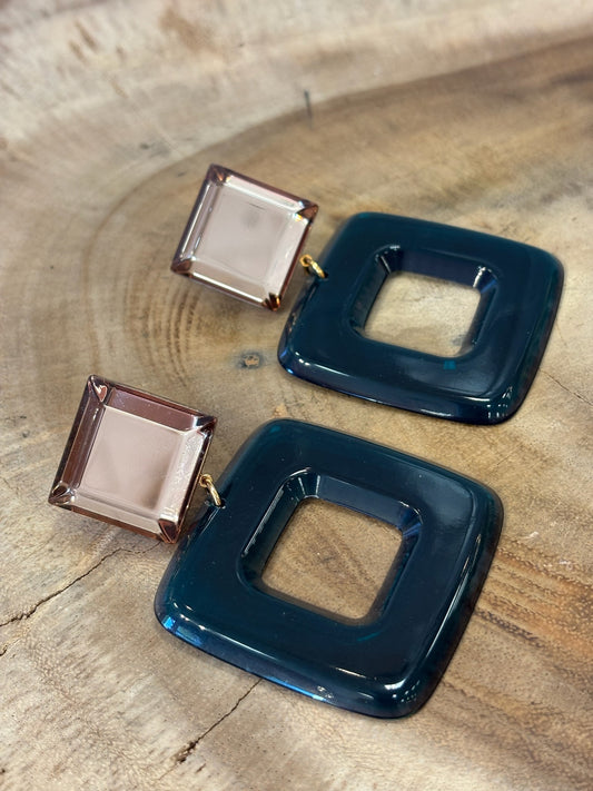 Leya square earrings blue duck transparent & mirror
