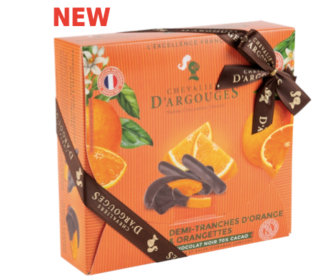 Assortment of candied orange peels & slices coated w/ dark chocolate, gift box 170g (6oz) - Chevaliers d'Argouges
