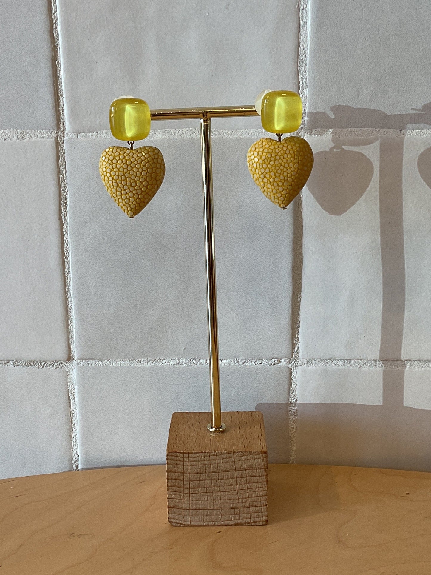 Heart Small Pierced Earrings Galuchat Leather Yellow