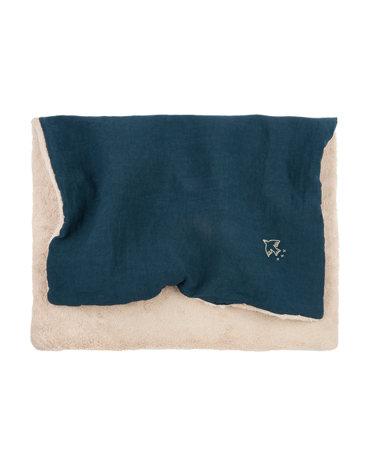 L1N0 Embroid winter blanket french linen - deep blue