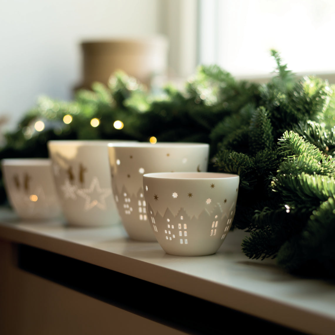 Medium Poetry Tealight Holder With Village Houses Design