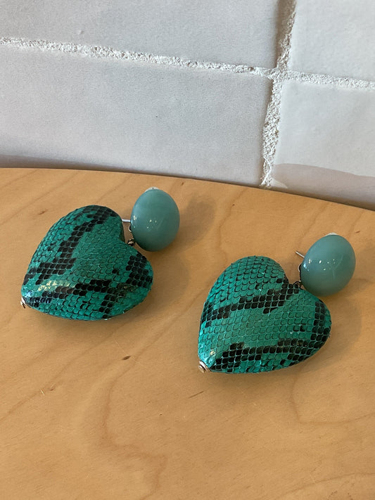 Heart Medium Pierced Earrings Snake Leather Turquoise