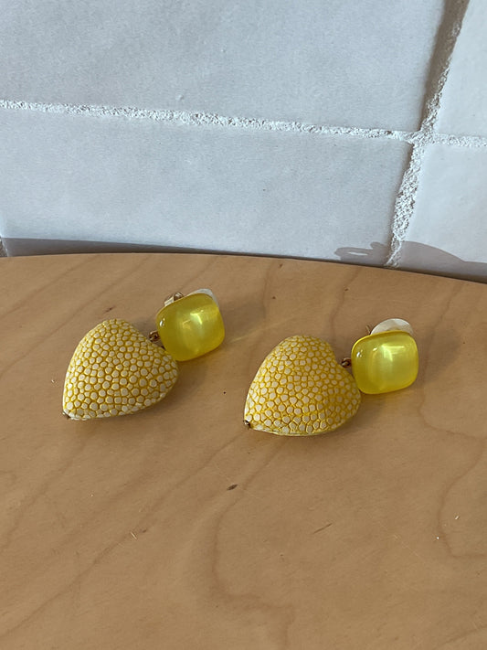 Heart Small Pierced Earrings Galuchat Leather Yellow