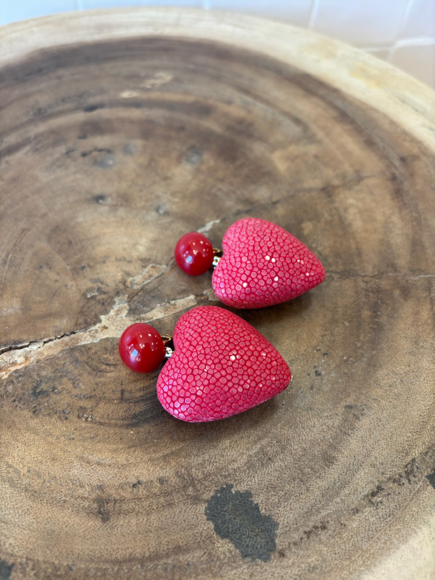 Heart XL Clip Earrings Galuchat Leather Raspberry Pink
