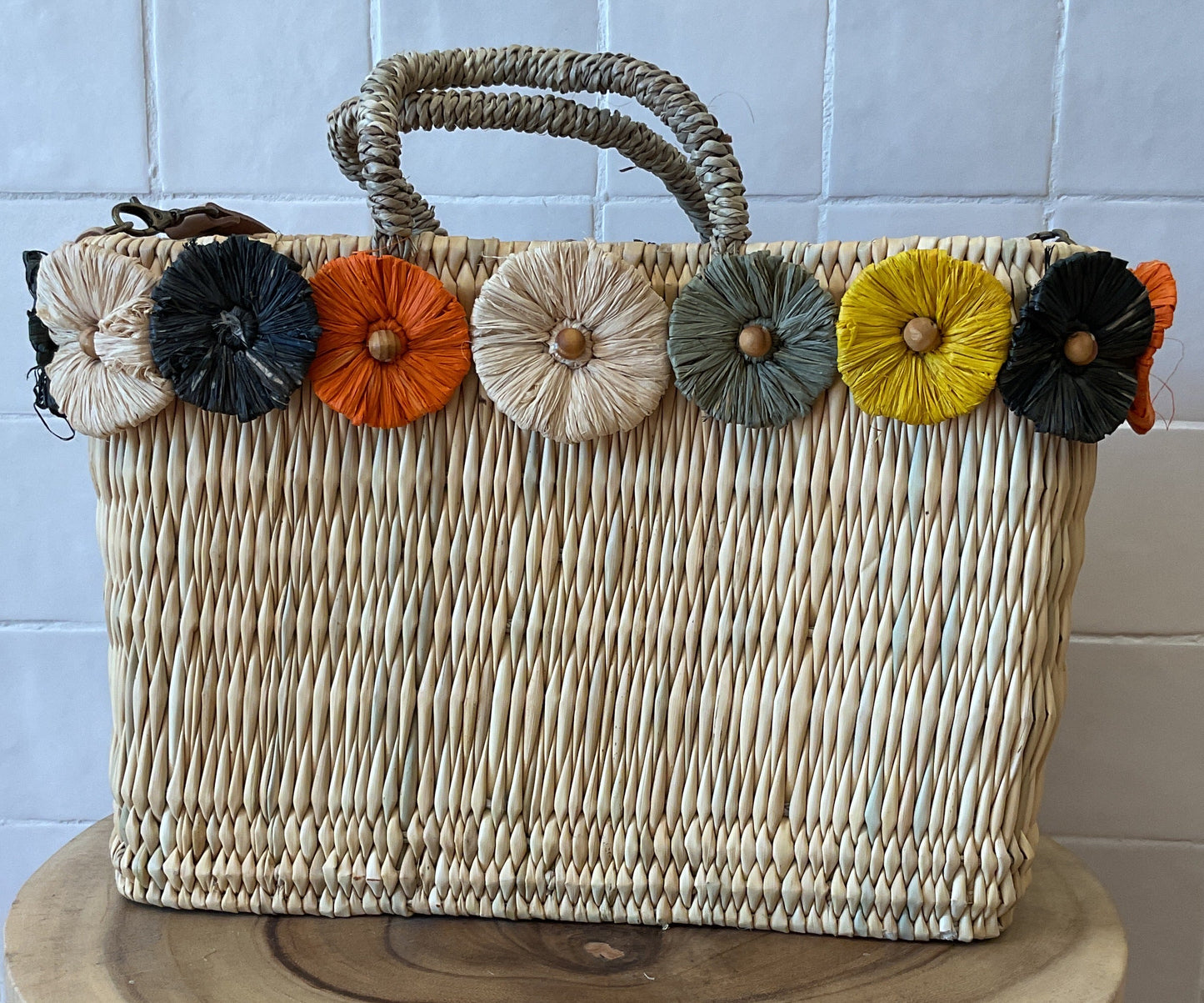 Moroccan Bag Flowers & Wood W/Colors Orange Beige Green