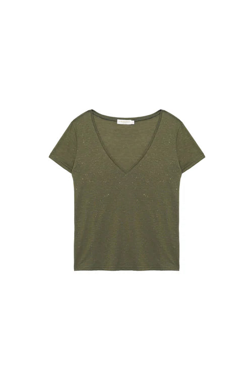 Elvie T-Shirt V-neck Sequined Khaki