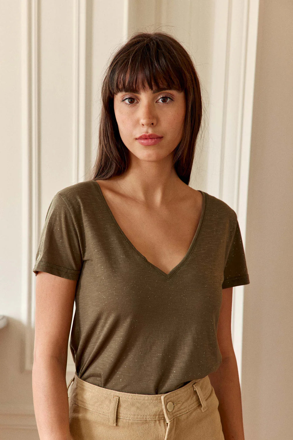 Elvie T-Shirt V-neck Sequined Khaki
