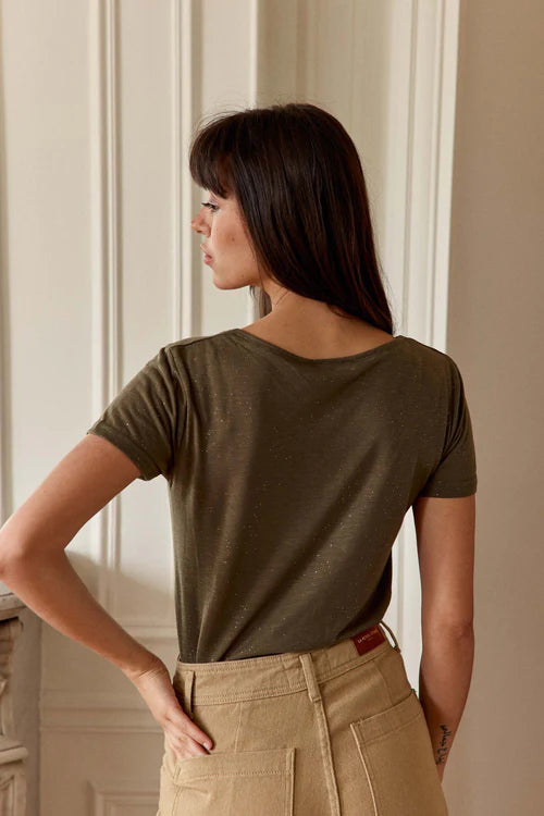 Elvie T-Shirt V-neck Sequined Khaki