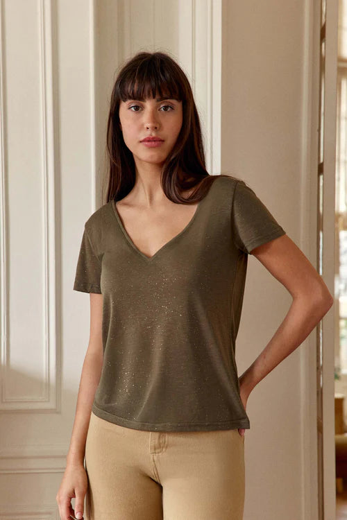 Elvie T-Shirt V-neck Sequined Khaki