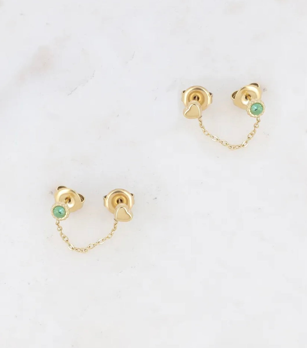 Florine 2 holes Heart Earrings Green Gold