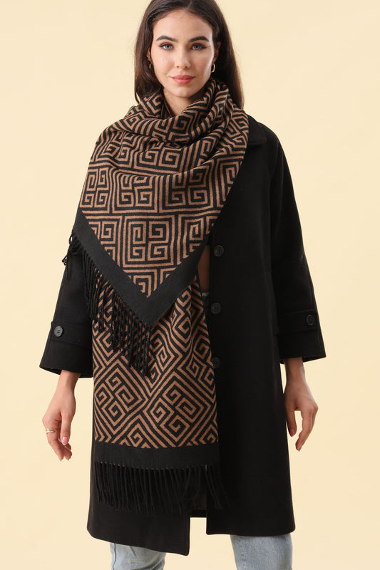 Scarf Soft Black & Camel With Fringes