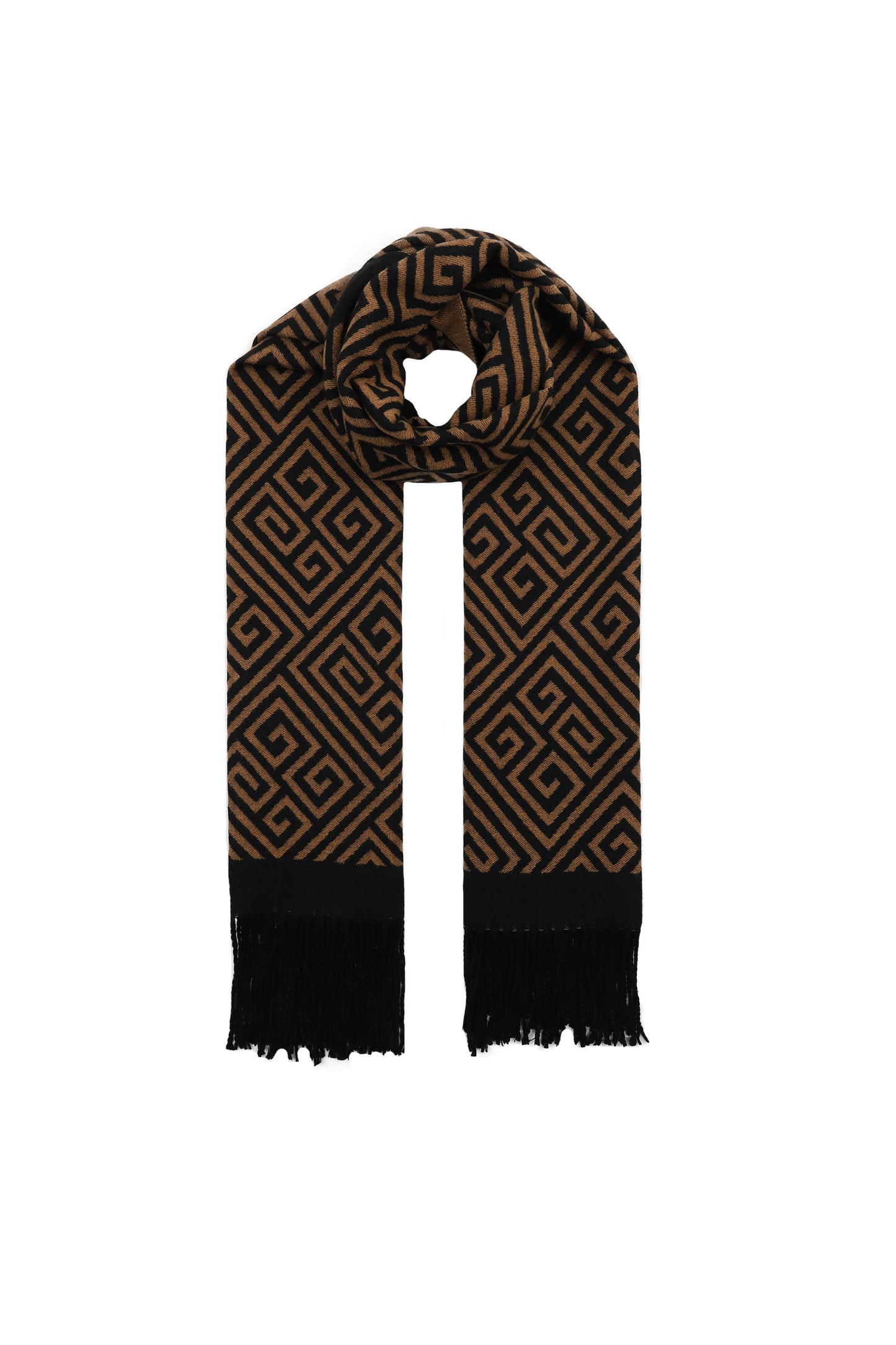 Scarf Soft Black & Camel With Fringes