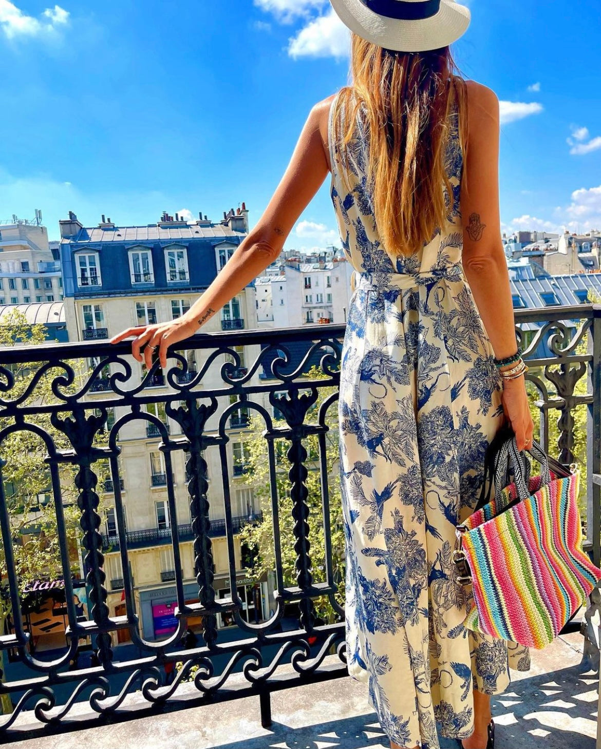 French Floral Jouy Dress Beige & Blue