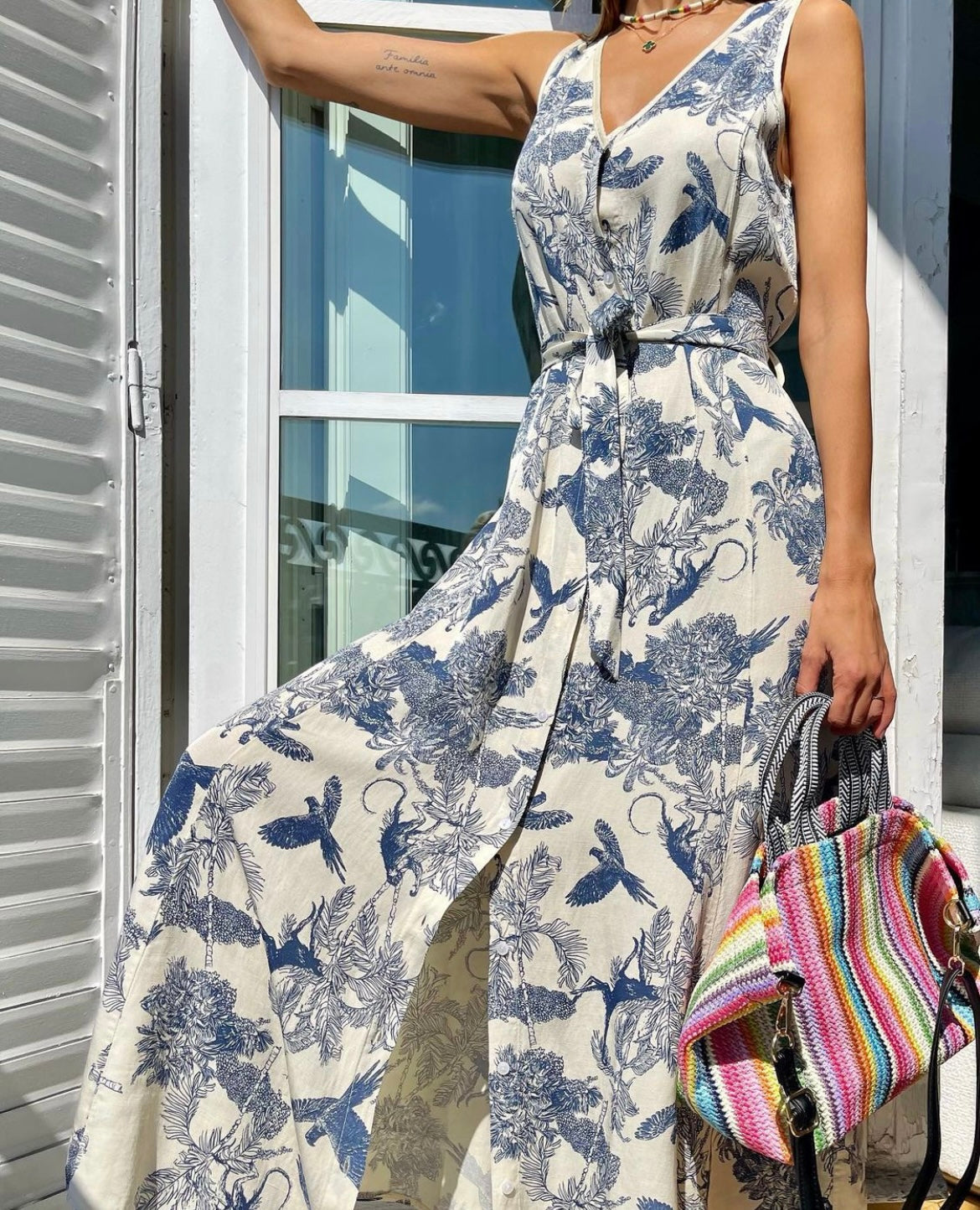 French Floral Jouy Dress Beige & Blue