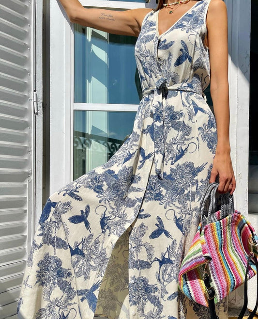 French Floral Jouy Dress Beige & Blue