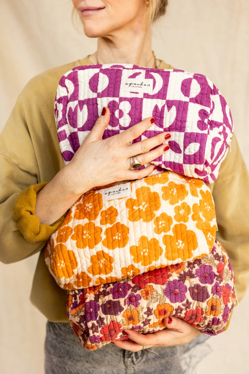 Big Quilted pouch Travel Makeup bag Gayane - Flora Bold Orange