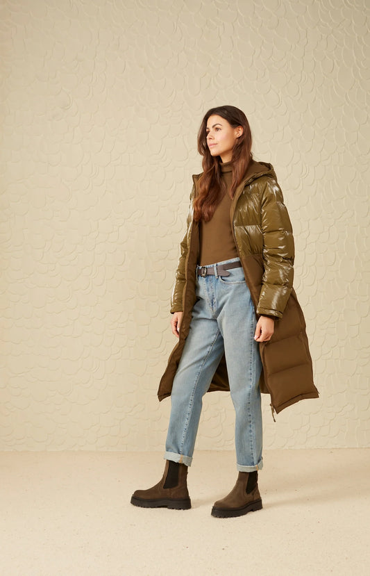 Long Puffer Jacket With Long Sleeves Khaki