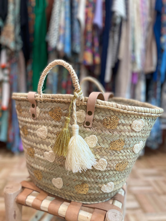 Moroccan Basket Bag Multi Cream & Gold sequins Hearts