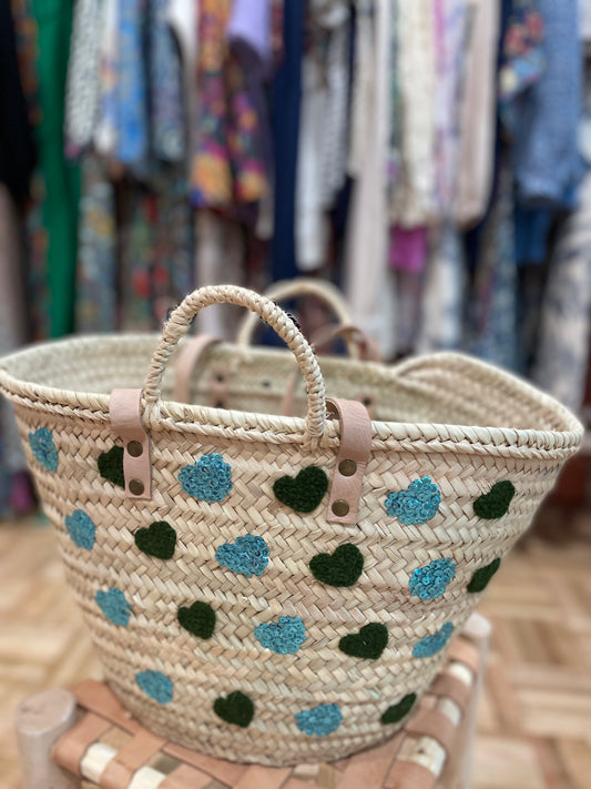 Moroccan Basket Bag Multi Khaki & Blue sequins Hearts