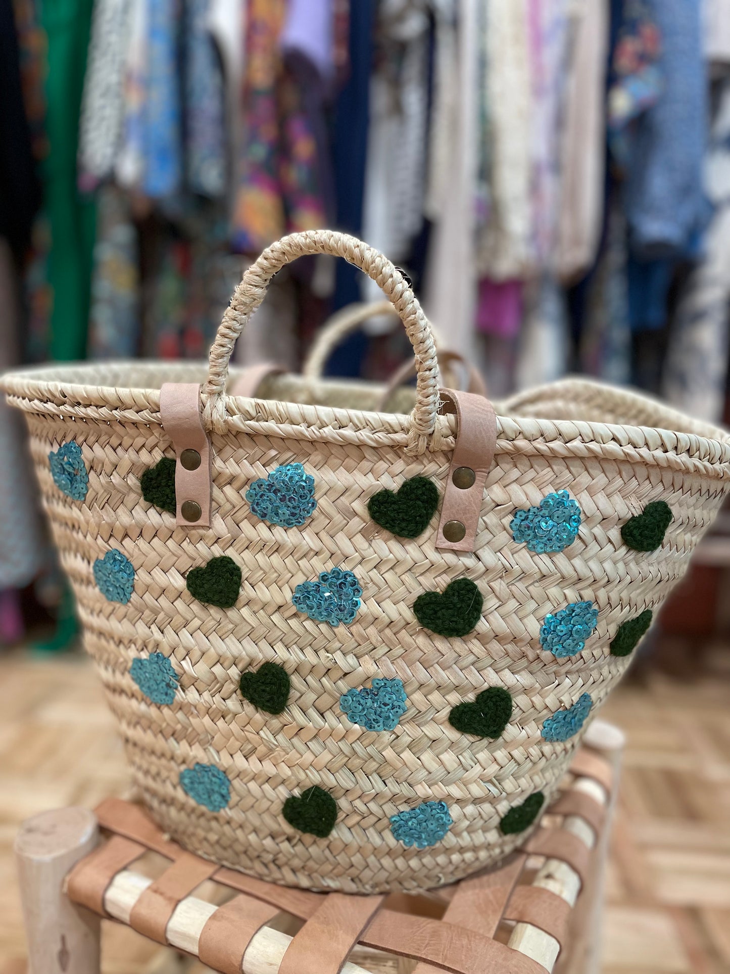 Moroccan Basket Bag Multi Khaki & Blue sequins Hearts