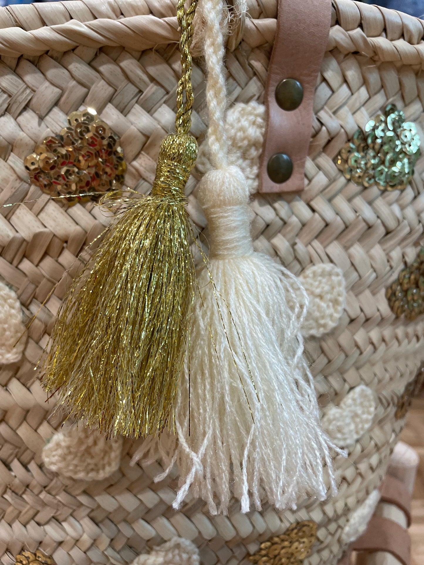 Moroccan Basket Bag Multi Cream & Gold sequins Hearts