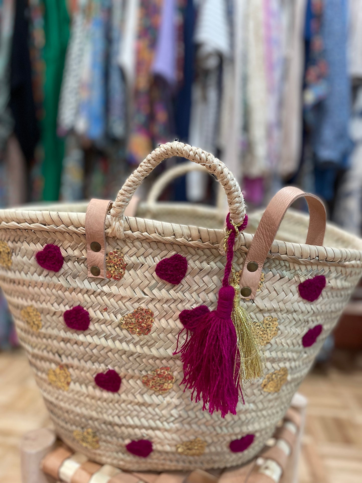Moroccan Basket Bag Multi Rosa & Gold sequins Hearts