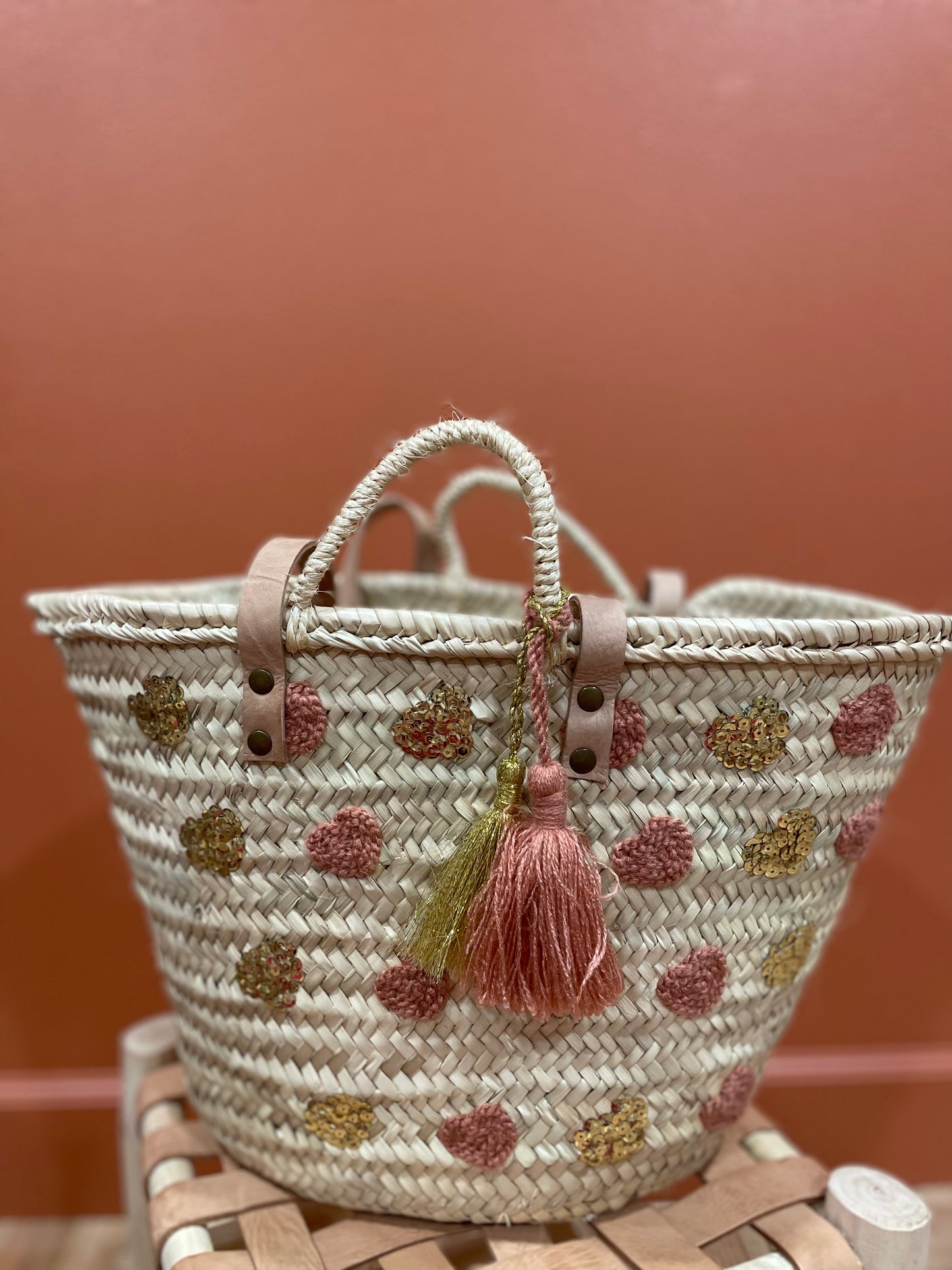 Moroccan Basket Bag Multi Pink & Gold sequins Hearts