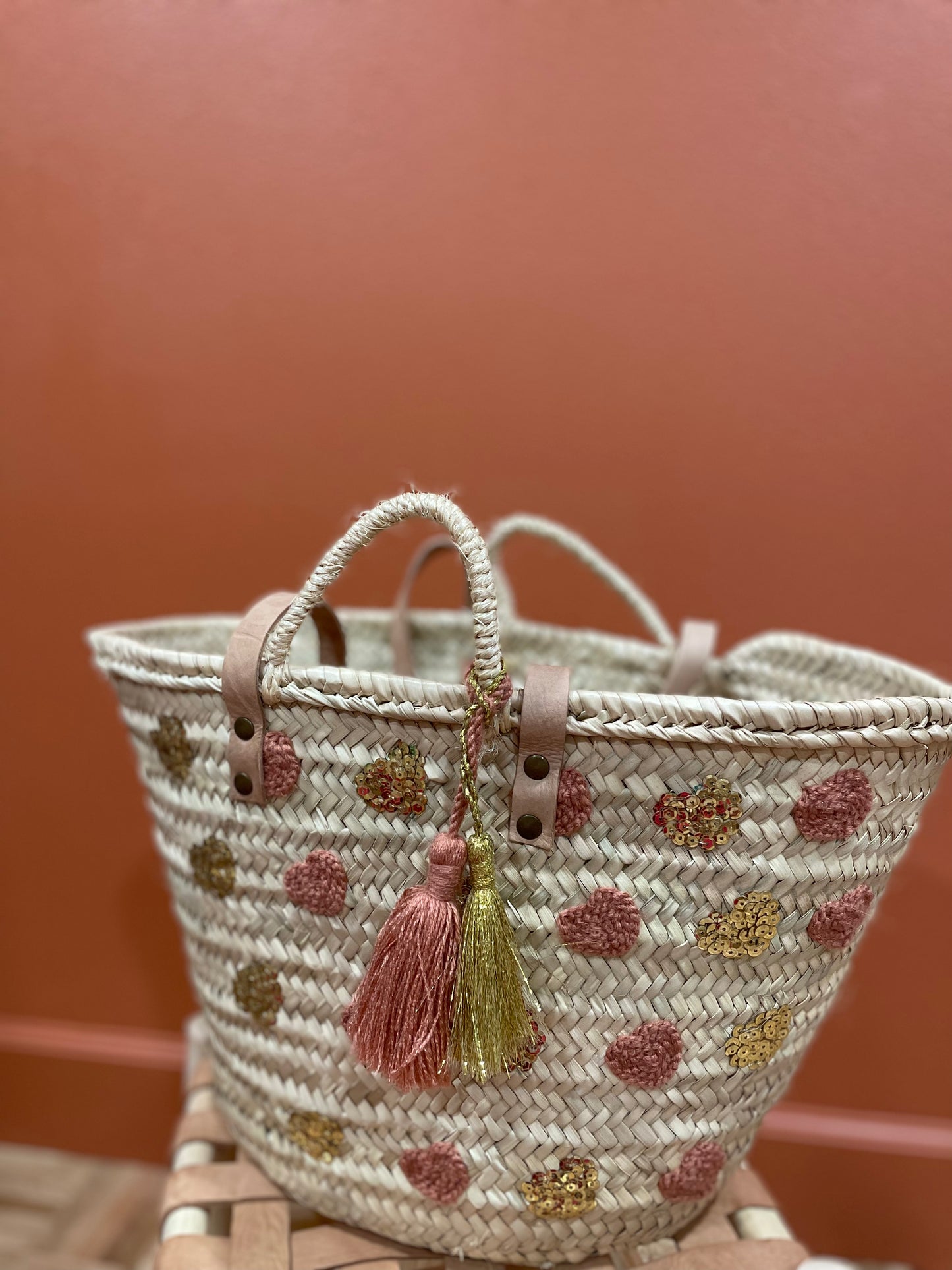 Moroccan Basket Bag Multi Pink & Gold sequins Hearts