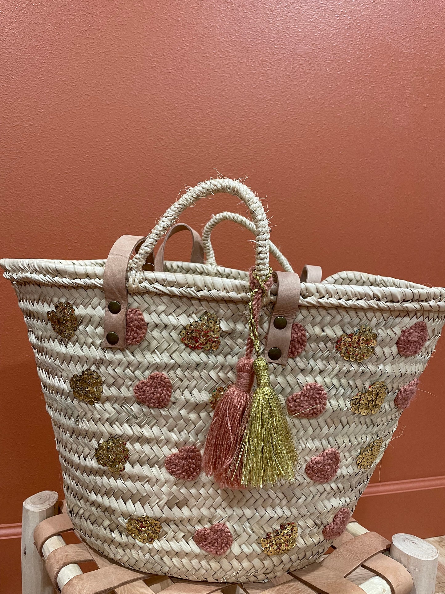 Moroccan Basket Bag Multi Pink & Gold sequins Hearts