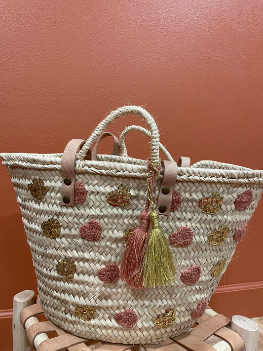 Moroccan Basket Bag Multi Pink & Gold sequins Hearts