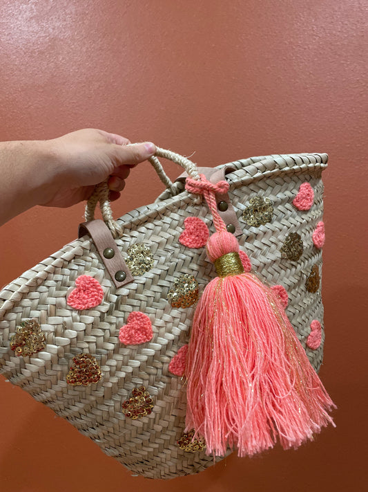 Moroccan Basket Bag Multi Coral & Gold sequins Hearts