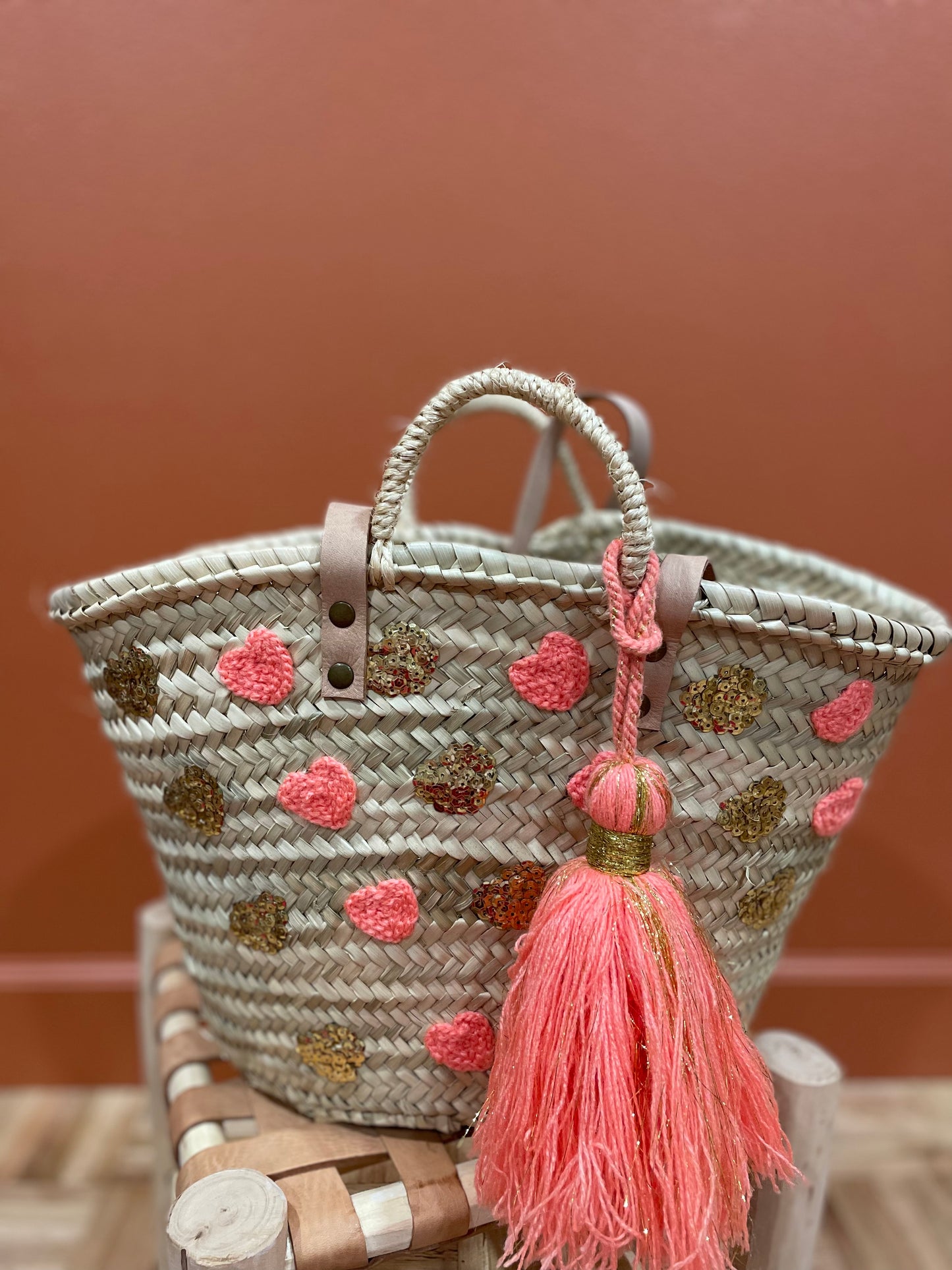 Moroccan Basket Bag Multi Coral & Gold sequins Hearts