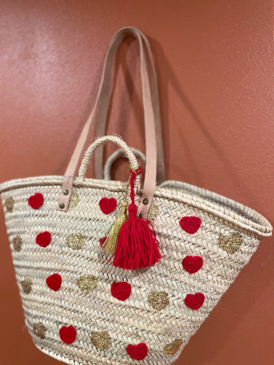 Moroccan Basket Bag Multi Red & Gold sequins Hearts