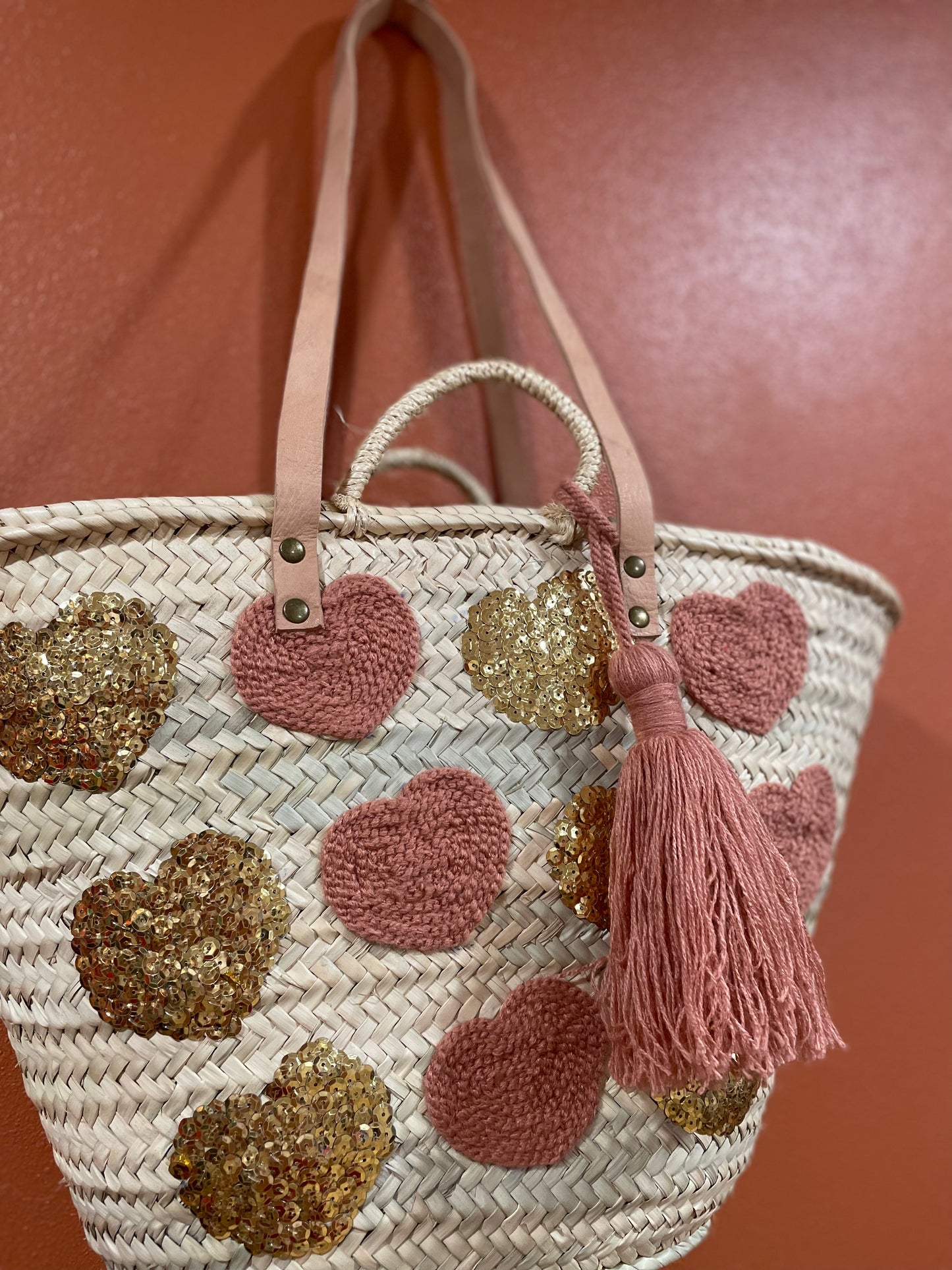 Moroccan Basket Bag Multi Pink & Gold sequins Big Hearts