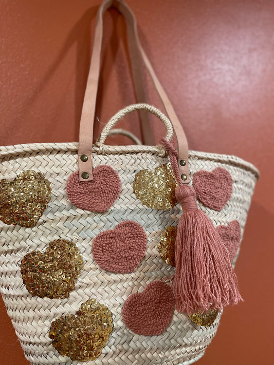 Moroccan Basket Bag Multi Pink & Gold sequins Big Hearts