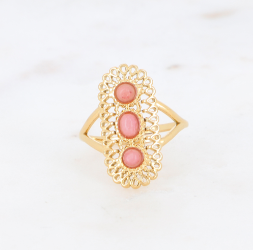 Amber Ring Rhodonite Pink Gold