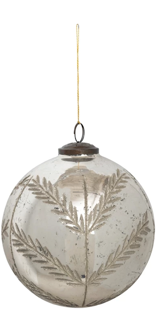 Mercury Glass Ball Ornament with Etched Botanical, Distressed Silver Finish