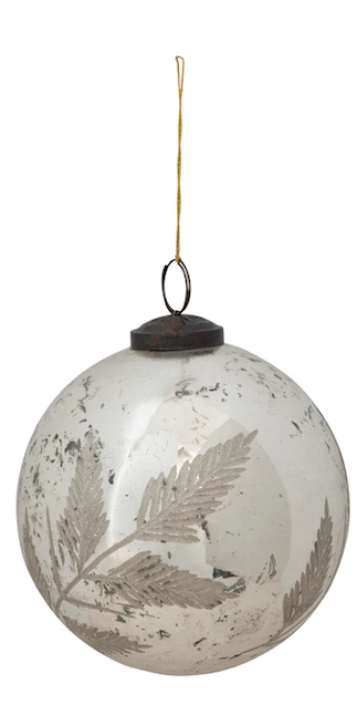 Mercury Glass Ball Ornament with Etched Botanical Distressed Silver Finish