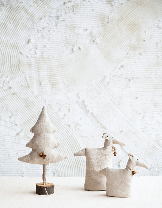 Antiqued Canvas Tree with Wood Base Jute Tie and Bells