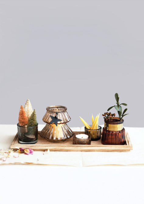 Wood Tray with 5 Glass Tealight/Votive Holders, Multi Color, Set of 6