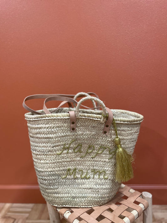 Moroccan Basket Bag "HAPPY MUM" Gold